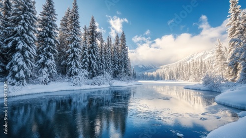 Serene Reflections: Winter's Grip on a Mountain River Landscape