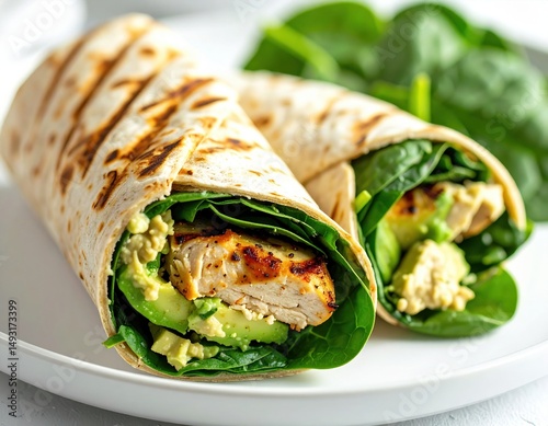 Fresh wraps filled with grilled chicken, spinach, and avocado served for a satisfying lunch treat photo