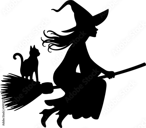 Witch Flying with Cat Silhouette