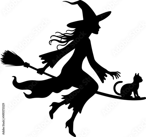 Witch Flying with Cat Silhouette