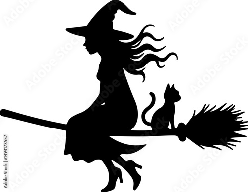 Witch Flying with Cat Silhouette