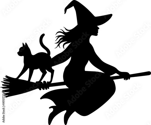 Witch Flying with Cat Silhouette