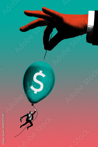 фотографія Businessman flying with dollar balloon as giant hand with pin prepares to pop it