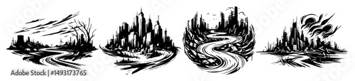 black and white cityscape illustrations with swirling lines and nature