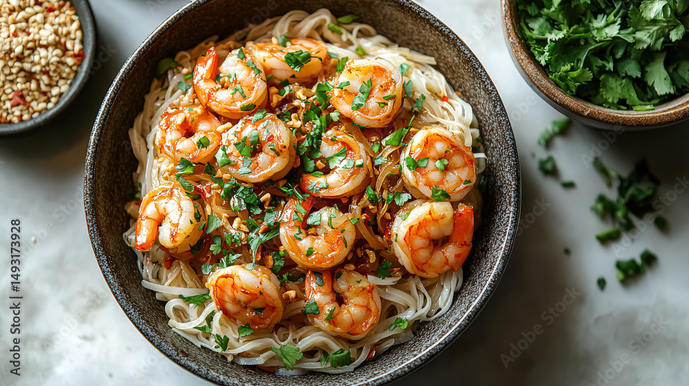 Bowl of shrimp and noodles with a garnish of parsley. The dish is served in a large bowl and is topped with a garnish of parsley Bowl of shrimp and noodles with a garnish of parsley. The dish is served in a large bowl and is topped with a garnish of parsley