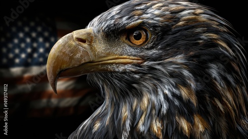 Majestic eagle perched, powerful bird of prey with piercing eyes, dramatic feathers, ideal for wildlife themes and conservation.