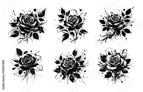 grunge rose flower vector set in black ink tattoo style