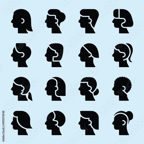 Collection of profile views illustrating diverse female hairstyles, presented as simple, modern icons.