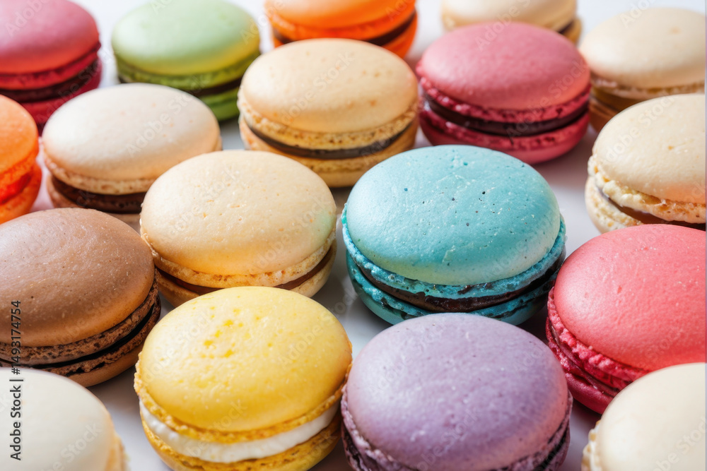 A selection of bright and colorful macarons arranged on a table, perfect for food photography or packaging design A selection of bright and colorful macarons arranged on a table, perfect for food photography or packaging design