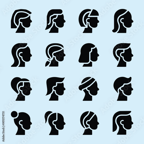 Profile views of various hairstyles on female hCollection of stylized female head profiles, showcasing different hairdos and styles.  Silhouettes are presented in a grid format on a light backgroeads.