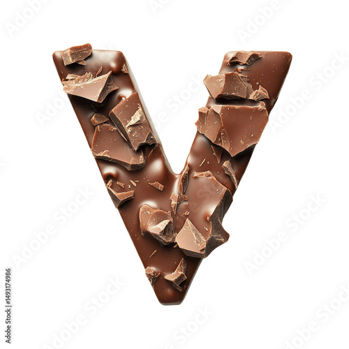 Delicious chocolate letter V made from broken chocolate pieces with a smooth surface and textured edges