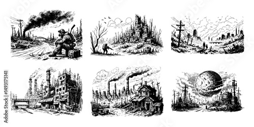 post apocalyptic ruins and factories in detailed monochrome vector set