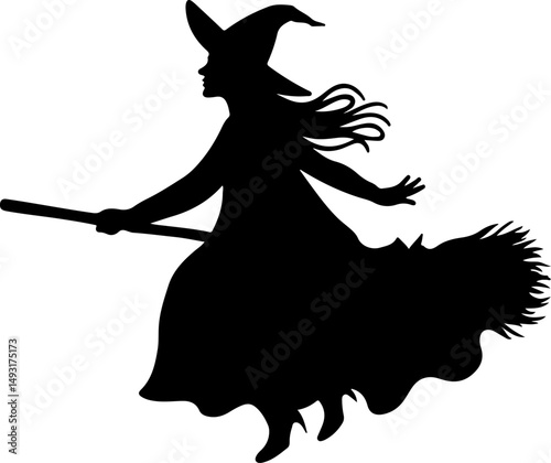 Flying Witch Silhouette on Broomstick