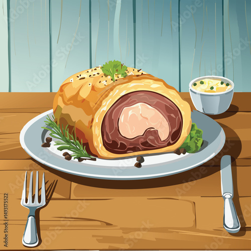 Perfectly cooked Beef Wellington sliced open, showing juicy medium-rare beef wrapped in golden puff pastry with mushroom duxelles, served on elegant plating with warm, natural lighting.