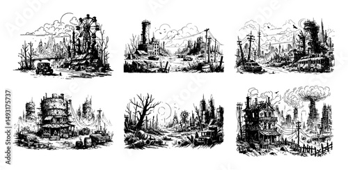 ruined industrial landscapes in detailed post apocalyptic vector style