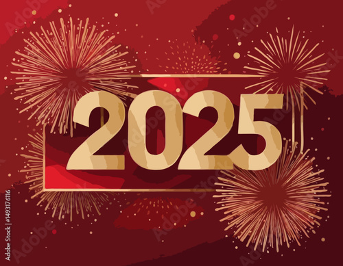 Red bright card for celebrating 2025 New Year. Banner for event with abstract golden fireworks and golden numbers on background with geometric pattern.Template for poster,flyer,web.Vector illustration