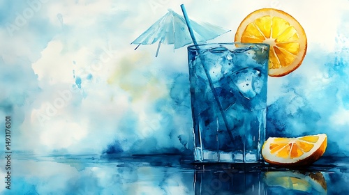 Watercolor of Blue Lagoon, glass rim glistening, blue cocktail with lemon slice and umbrella, reflective glass surface, cool lighting, airy blue tones, soft brushwork, hd quality, natural look.