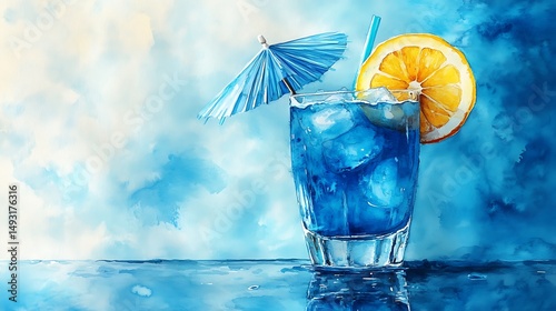 Watercolor of Blue Lagoon, glass rim glistening, blue cocktail with lemon slice and umbrella, reflective glass surface, cool lighting, airy blue tones, soft brushwork, hd quality, natural look.