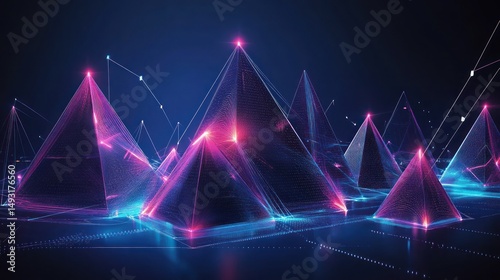 Abstract pyramid landscape with glowing lines and digital elements