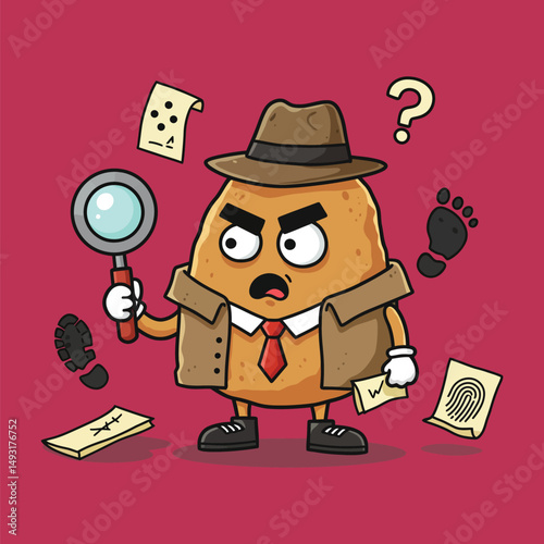 Detective Potato with Magnifying Glass Investigating Clues Cartoon