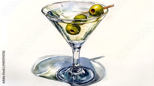 Watercolor of classic martini, high angle, reflective glass, green olive, smooth white surface background, gentle gradient wash, shadow play, crisp glass details, hd quality, natural look. --ar 16:9