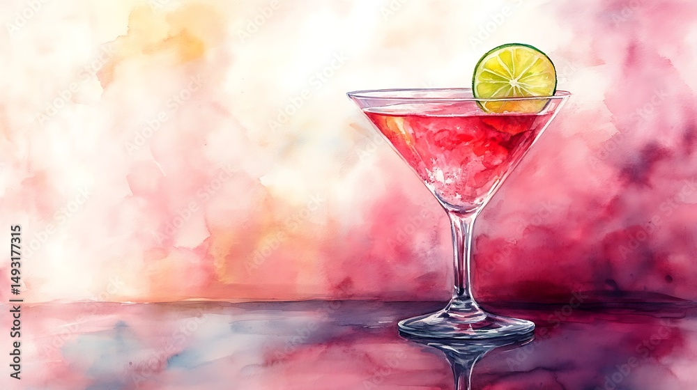 Watercolor of cosmopolitan, martini glass rim glistening, pink drink with lime twist, reflective glass surface, cool lighting, airy pink tones, soft brushwork, hd quality, natural look. --ar 16:9
