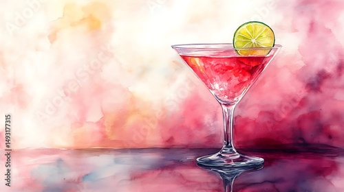 Obraz na płótnie Watercolor of cosmopolitan, martini glass rim glistening, pink drink with lime twist, reflective glass surface, cool lighting, airy pink tones, soft brushwork, hd quality, natural look. --ar 16:9 w salonie