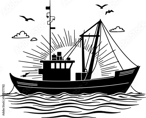 Fishing Boat at Sea Silhouette