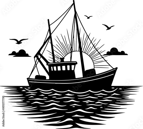Fishing Boat at Sea Silhouette