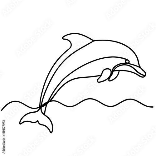 Dolphin leaping from ocean waves, single line drawing, black and white, for marine life illustrations