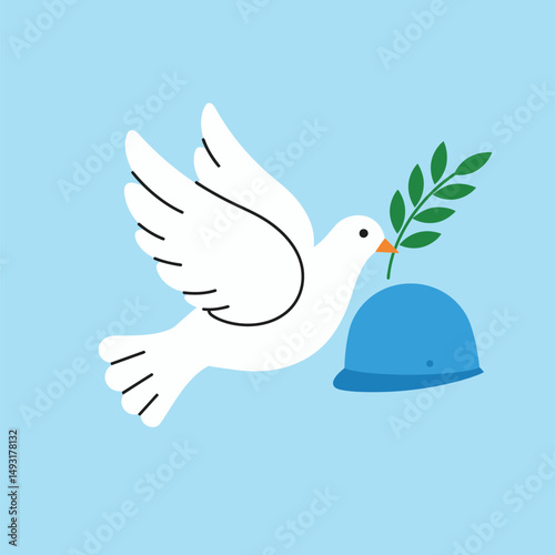 Dove of Peace Symbol with Olive Branch and Helmet