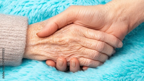 Close Up of an Elderly Person's Hand Gently Holding Another Hand on a Soft Background