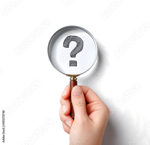  Hand holding a magnifying glass with a question mark on a white background, in a flat lay composition.