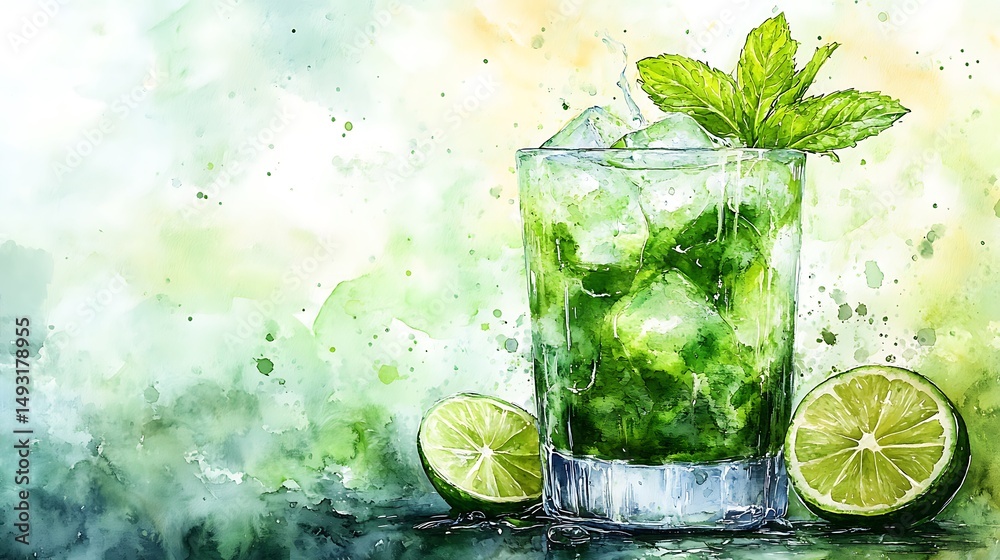 Watercolor of mojito cocktail, close-up view, condensation on glass, mint sprig bursting from top, lime slice on rim, soft focus background with hints of tropical foliage, fresh color palette,