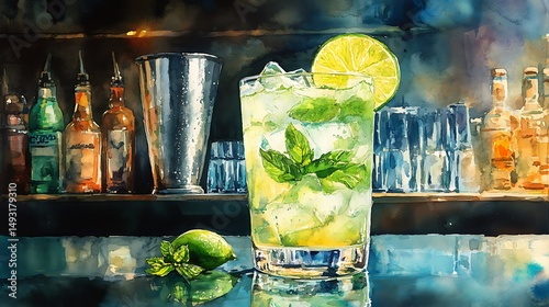 Watercolor of mojito, glass on bar counter, cocktail shaker in background, lime wedge on edge, mint bouquet, cool lighting, reflective surface, delicate washes, detailed highlights, hd quality,