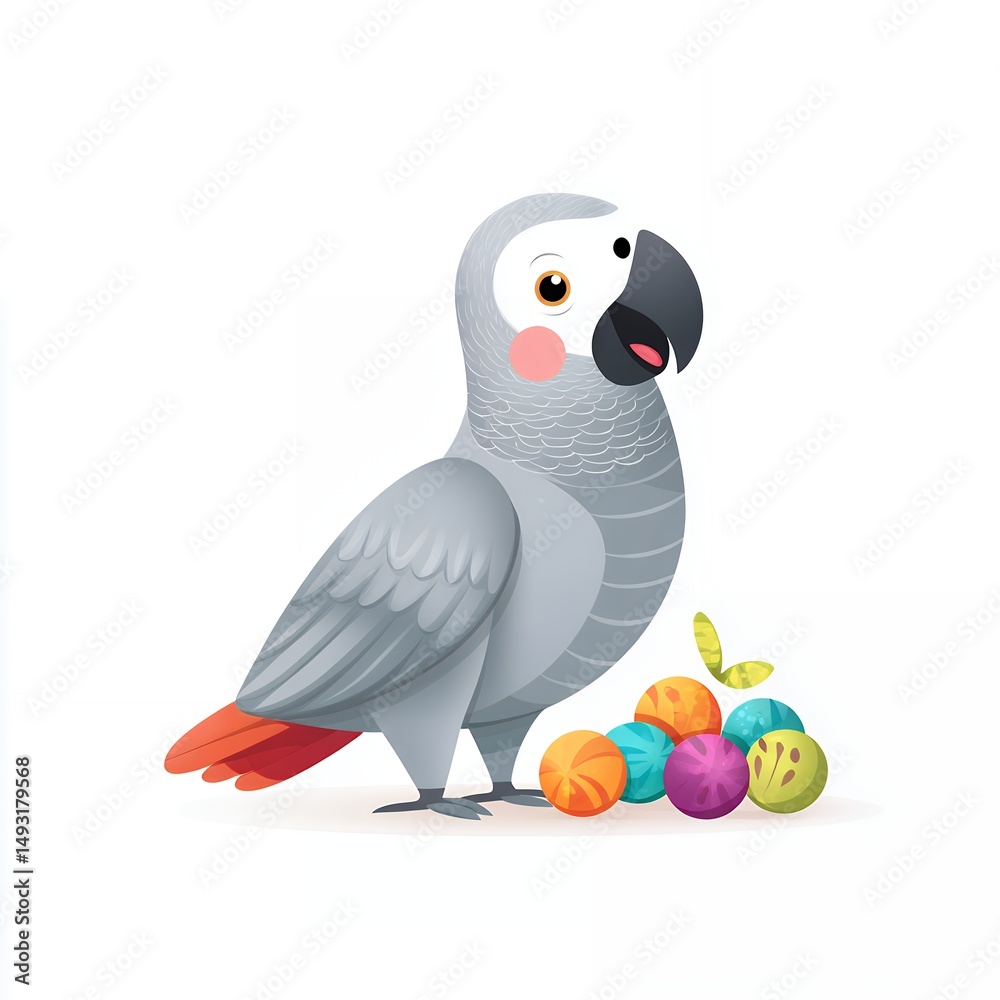 Obraz premium Cute Cartoon African Grey Parrot with Colorful Balls