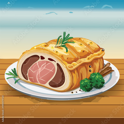 Perfectly cooked Beef Wellington sliced open, showing juicy medium-rare beef wrapped in golden puff pastry with mushroom duxelles, served on elegant plating with warm, natural lighting.