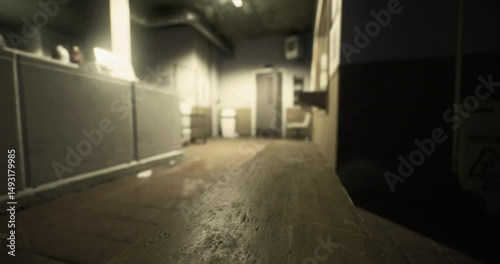 A dimly lit hallway reveals old tiles and washed out walls in an abandoned structure. The faint glow highlights the eerie atmosphere, emphasizing neglect and solitude.