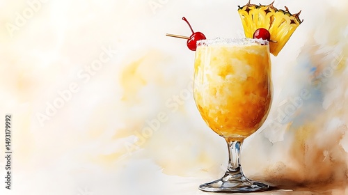 Watercolor of piña colada cocktail, close-up view, frosted glass, pineapple wedge on rim, cherry on skewer, minimal white backdrop, subtle highlights, soft brushwork, hd quality, natural look.