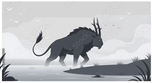Gray Mythical Beast Walking Through Misty Landscape