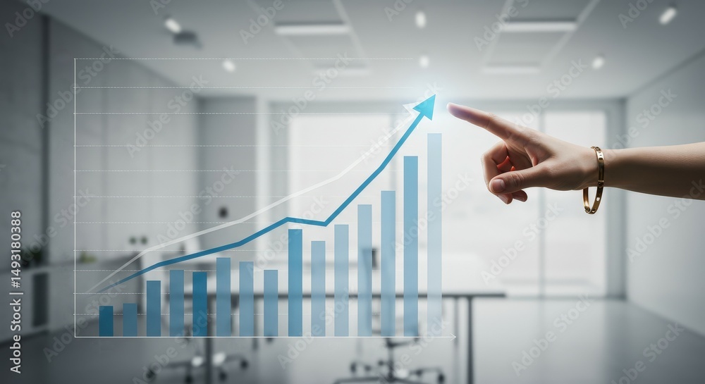 Fototapeta premium Business growth concept with a hand touching a rising graph, symbolizing success and positive financial trends in a modern office.