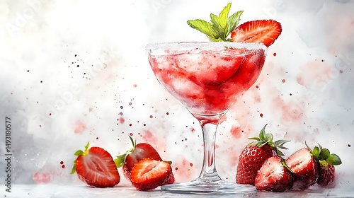 Watercolor of strawberry daiquiri, close-up view, glass frosted with condensation, sliced strawberries, mint garnish, minimal white backdrop, subtle highlights, soft brushwork, hd quality,