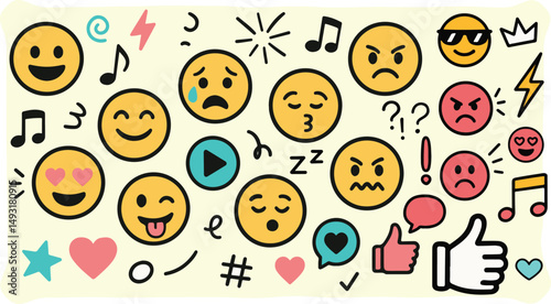 Emoji Face Vector Set – Colorful Hand Drawn Emoticons and Social Media Stickers with Reactions, Expressions, Symbols and Doodles for Messaging Apps, Chat Icons, Mobile Content and Illustration Design
