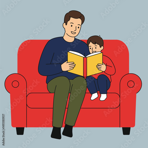 Father and Son Reading a Book Together on the Couch