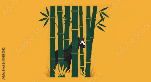 Simple Illustration Of Horse Hidden Among Bamboo Trees