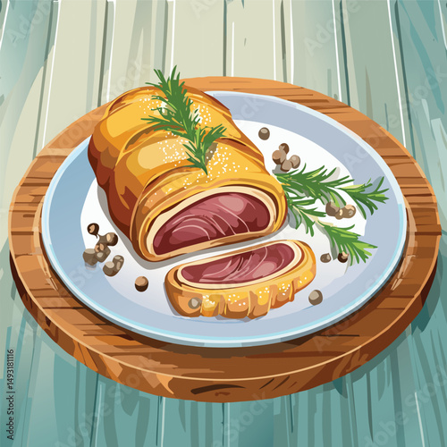 Perfectly cooked Beef Wellington sliced open, showing juicy medium-rare beef wrapped in golden puff pastry with mushroom duxelles, served on elegant plating with warm, natural lighting.