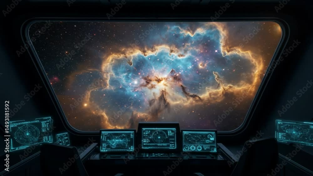 A spaceship cockpit faces a vibrant nebula through its main viewport, with glowing control panels. For sci-fi scenes, game UIs, or space exploration themes. Cosmic journey. 4k 60 fps.