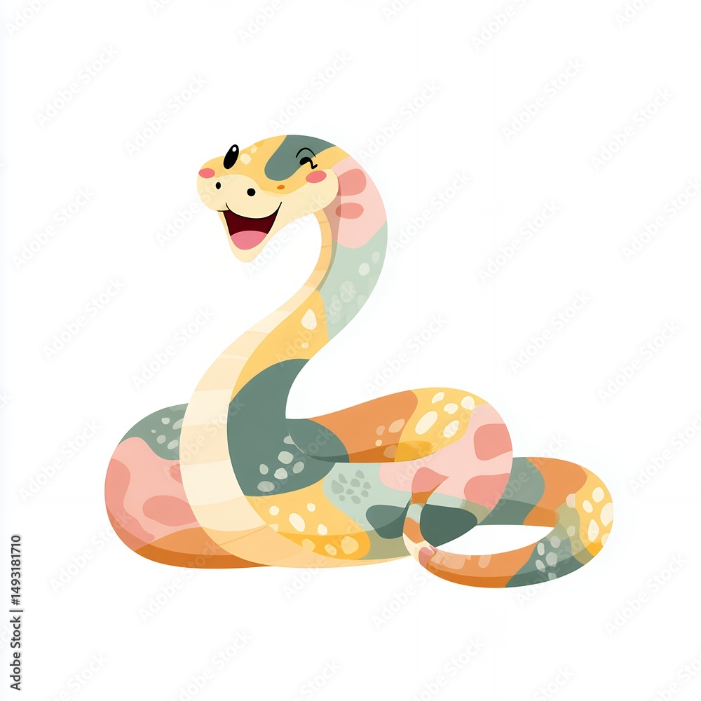 Fototapeta premium Happy Cartoon Snake with Pastel Colors on White Background