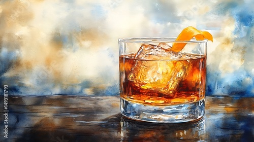 Watercolor of whiskey old fashioned, close-up view, orange twist on rim, whiskey glowing with amber hues, glass on rustic wooden table, blurred bar background, warm lighting, loose brush strokes,