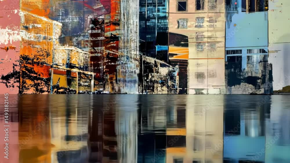 custom made wallpaper toronto digitalAbstract cityscape reflected in water, colorful and surreal design
